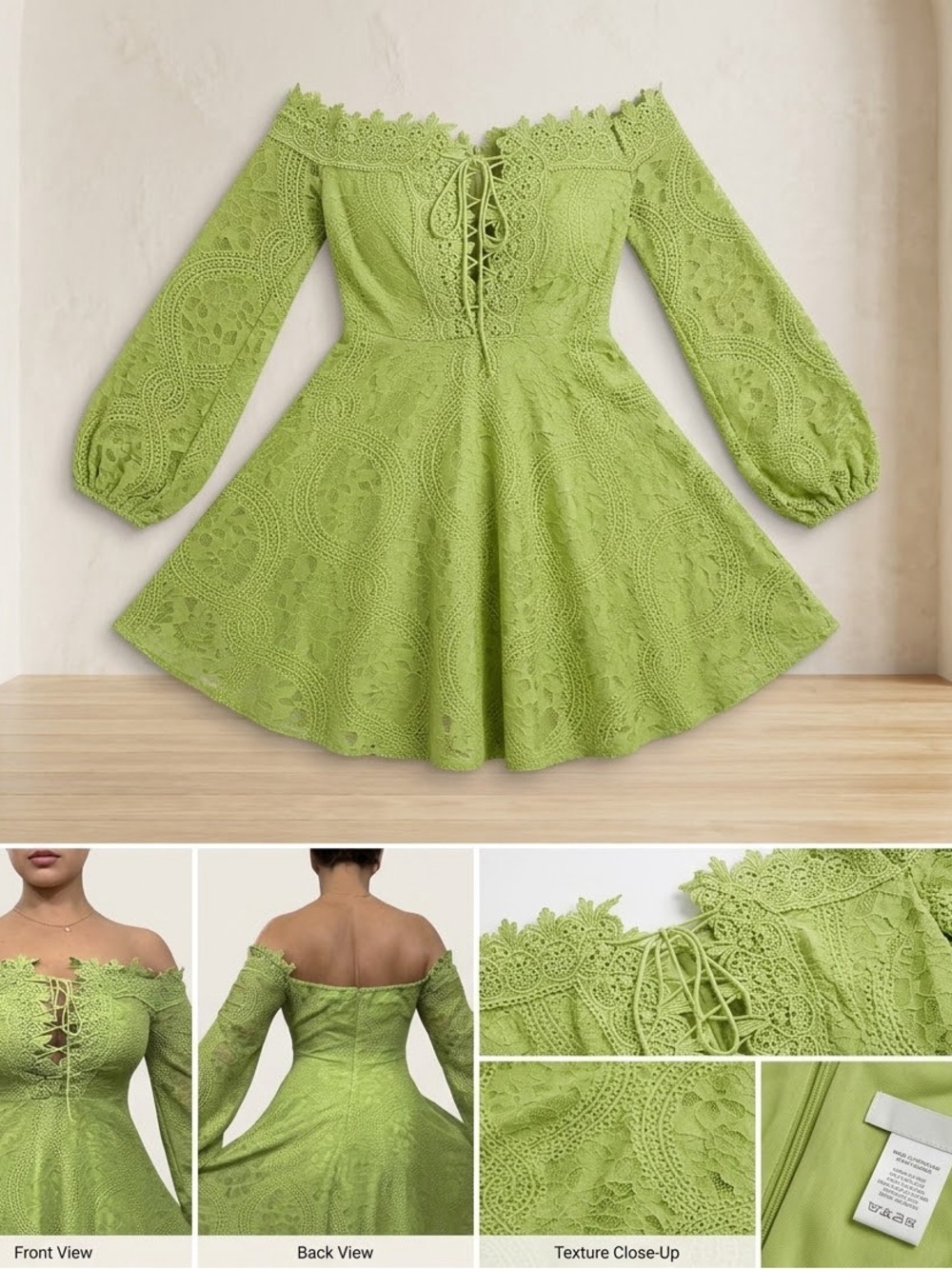 Double Crazy Lime Green Off-Shoulder Lace Mini Desss - M